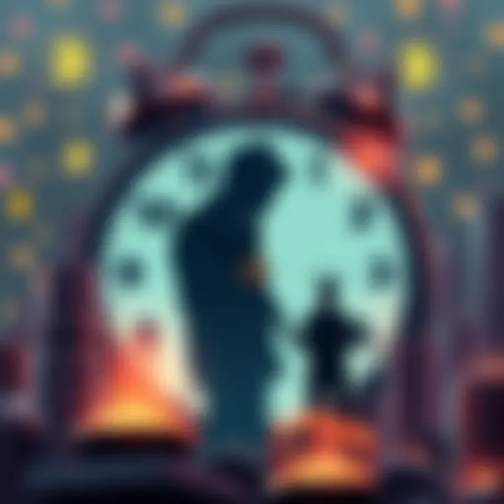 A digital illustration of a ticking clock overlaid with cryptocurrency symbols and a worried investor silhouette, representing the uncertainty around Crypto.com's future controversies.