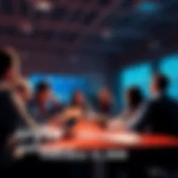 Crypto Community Discussion Group of people discussing cryptocurrency trends and safety measures in a meeting setting.