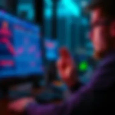 A worried investor looking at a computer screen displaying falling cryptocurrency prices and security alerts.