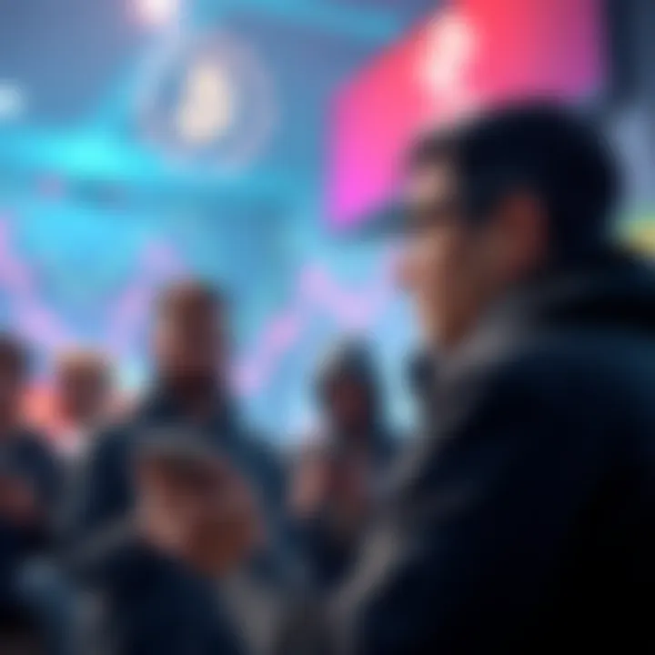 A person trying to talk to a group of crypto enthusiasts, showing frustration as the group appears unresponsive and focused on their phones with cryptocurrency graphics in the background.