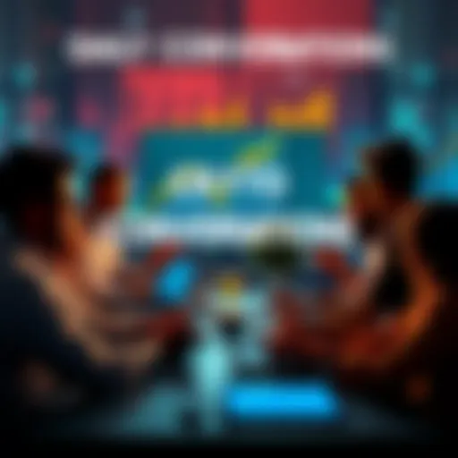 Group of people discussing cryptocurrency trends with charts and laptops at a table