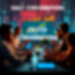 Crypto Conversations Group of people discussing cryptocurrency trends with charts and laptops at a table