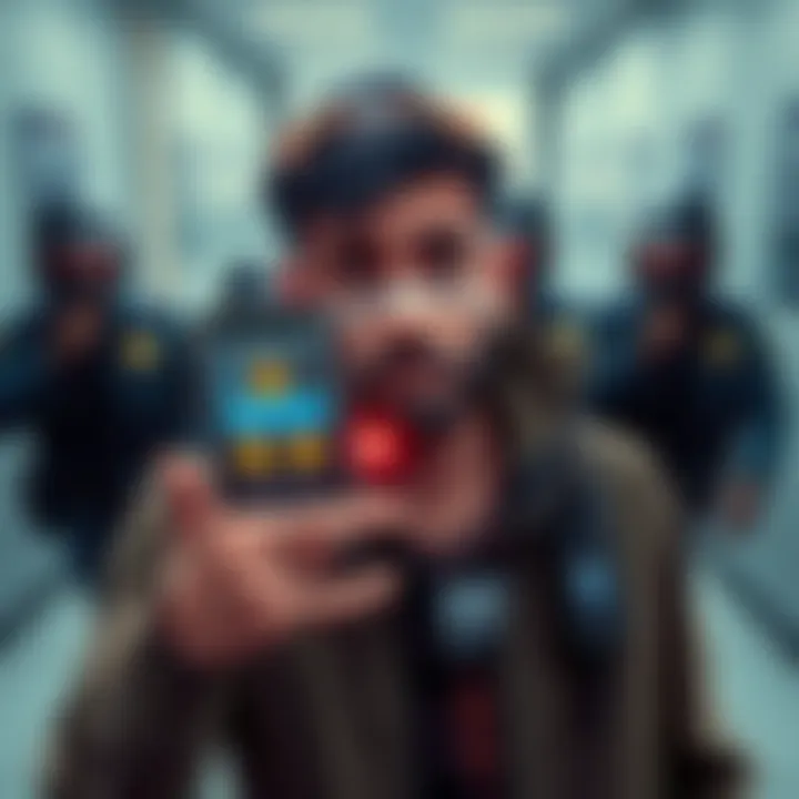 Crypto Criminal Arrested A graphic showing a man looking worried while holding a phone displaying cryptocurrency wallet details, with police in the background, representing the arrest of a crypto criminal.