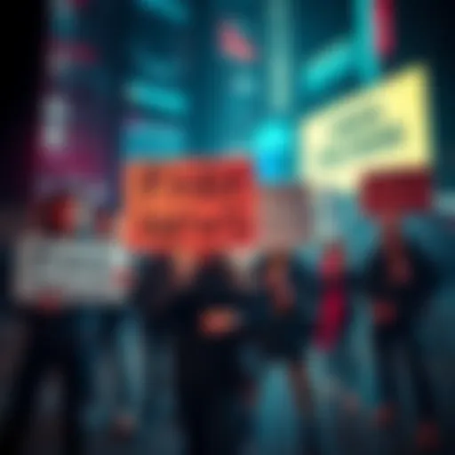 A group of critics holding signs protesting against fake news in crypto reporting, with a backdrop of news headlines