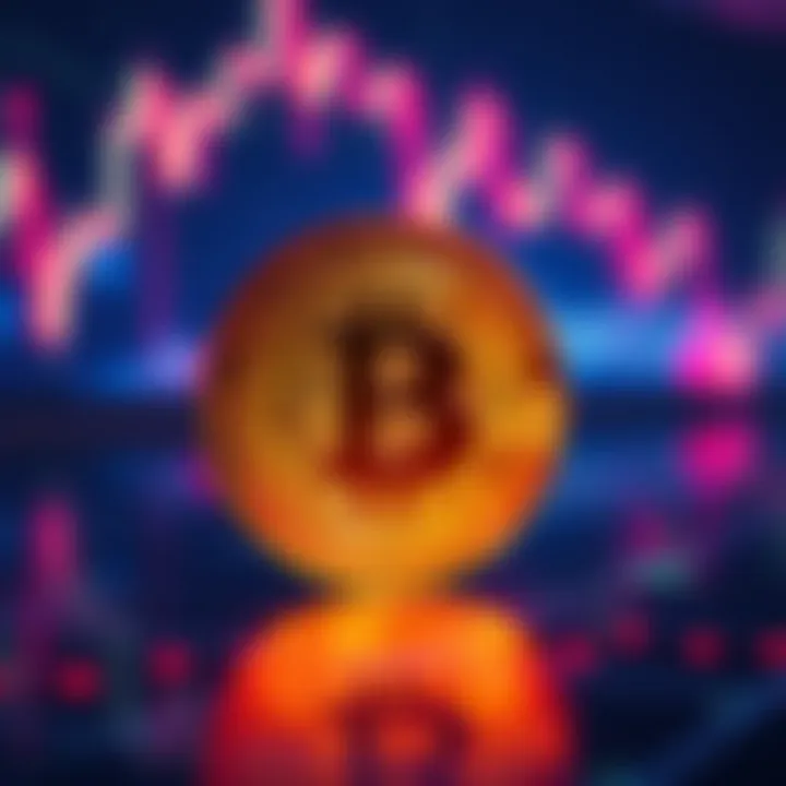 A digital coin symbolizing cryptocurrency with a fluctuating graph in the background, representing market trends.