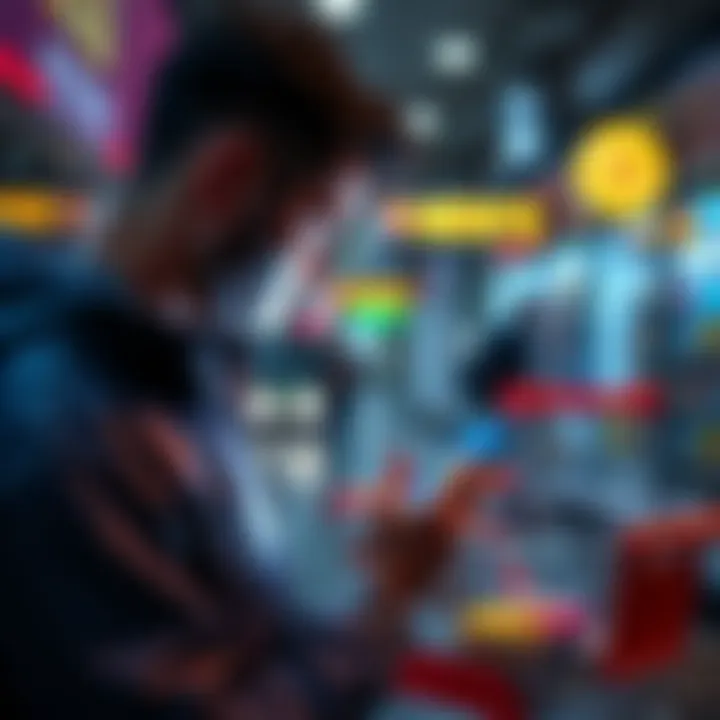 A person looking at a digital currency symbol on their phone with a shopping cart nearby.