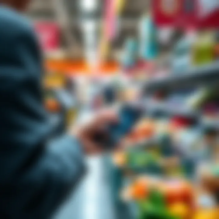 A person using a crypto debit card to pay for groceries at a store checkout, showing a digital wallet on their phone.