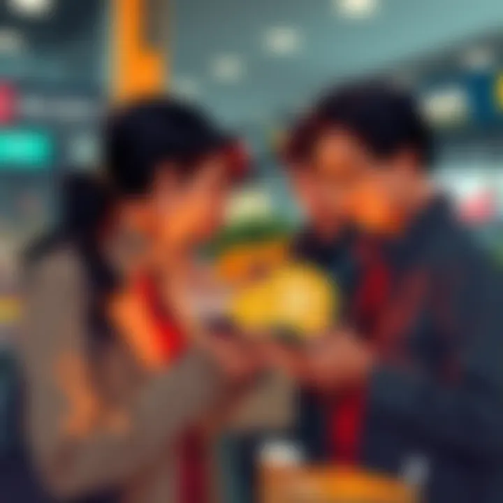 A group of people buying groceries and coffee using cryptocurrency on their mobile devices