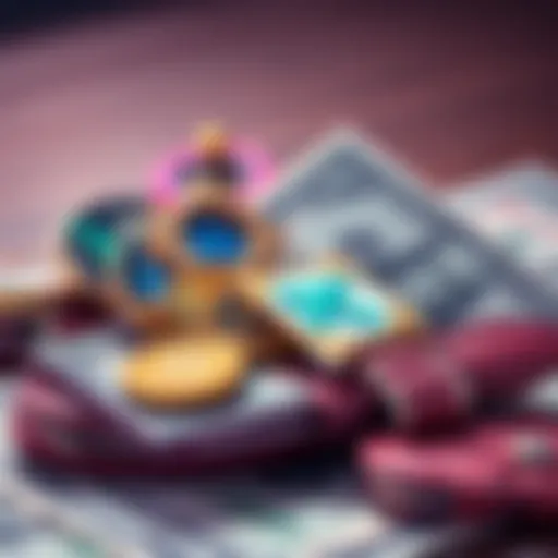 A wallet with various cryptocurrencies, showing monthly investments and exchange platforms like Kraken and Coinbase, alongside dollar bills representing $2000.