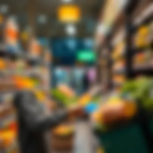 A person paying for groceries with a crypto debit card, showing a seamless transaction experience