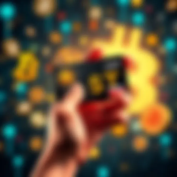 A hand holding a crypto debit card with icons of USDC and USDT on it, set against a background of digital currency symbols