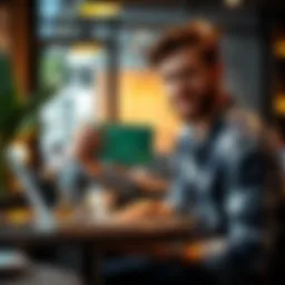 A digital nomad holding a crypto debit card at a cafe with a laptop, symbolizing financial freedom while traveling.