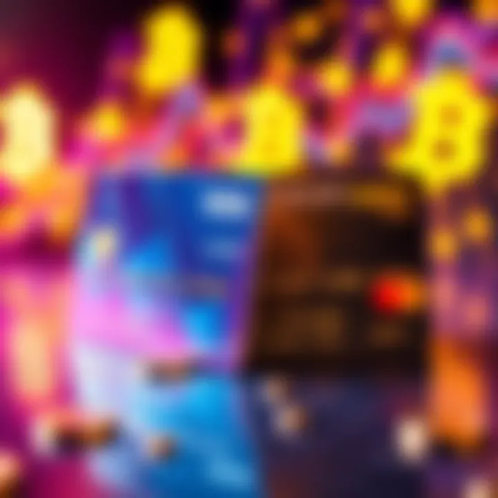 Illustration showing a crypto debit card and crypto credit card side by side with digital currency symbols in the background.