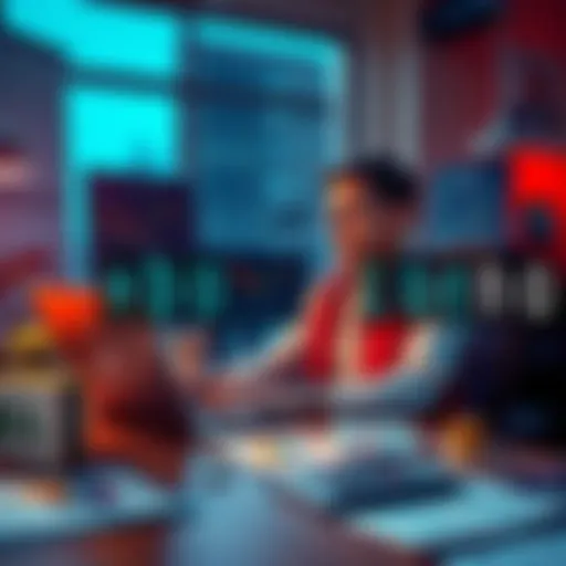 A person sitting at a desk with a laptop, looking thoughtful while analyzing cryptocurrency charts and graphs, surrounded by promotional material for crypto investments.