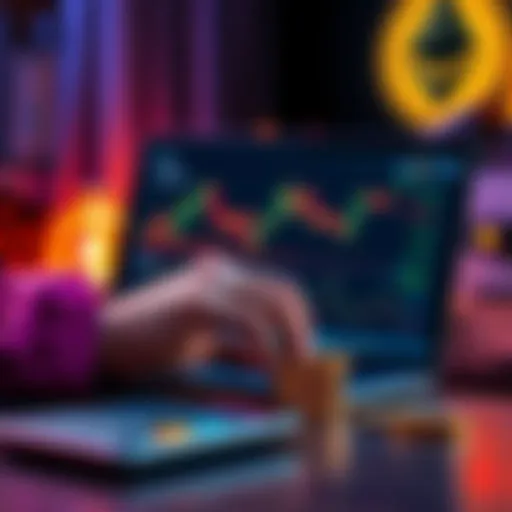 A person looking at a chart on a laptop, considering whether to sell or hold Ethereum, with a calculator and coins on the table.