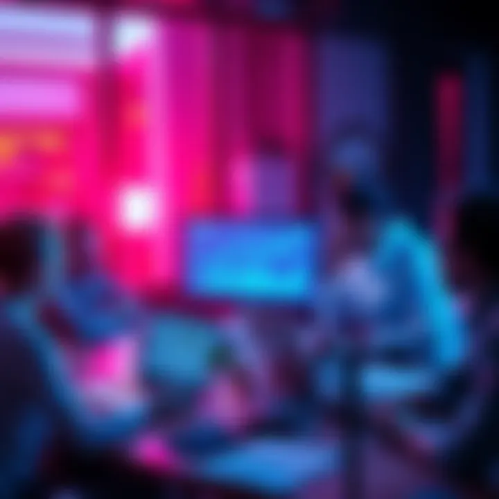 Crypto Discussion Group of people discussing cryptocurrency and DeFi strategies around a table with laptops and charts