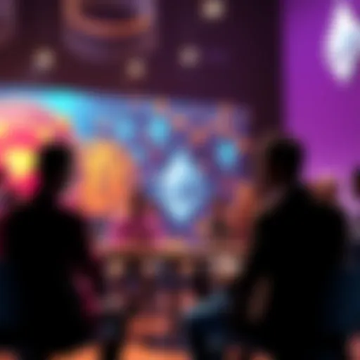 People engaging in a discussion about Ethereum and DeFi in a forum setting with digital graphics of cryptocurrency symbols in the background.