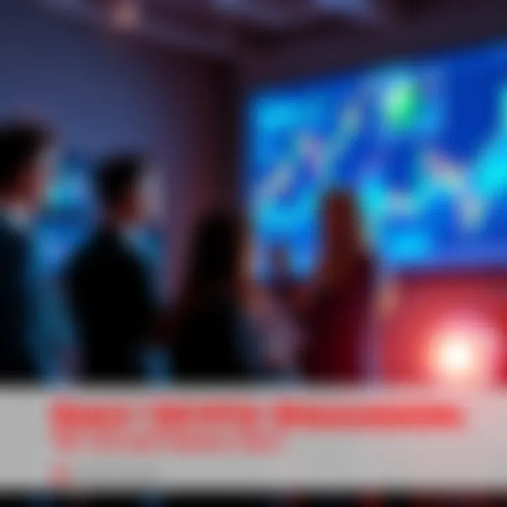 People engaging in a discussion about cryptocurrency with charts and graphs on a screen in the background