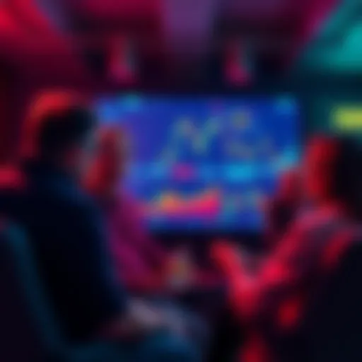 A group of people engaged in a conversation about cryptocurrency, with charts and graphs displayed on a screen.