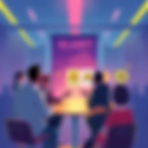 Illustration of a group of people discussing cryptocurrencies with warning signs about scams