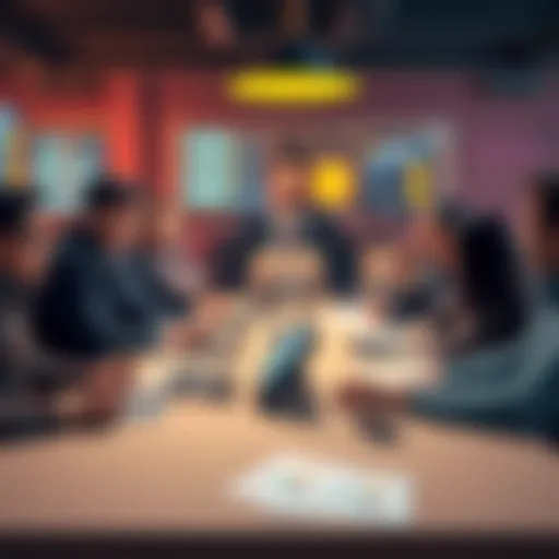 A group of people engaging in a discussion about cryptocurrency trends at a table surrounded by laptops and notes.