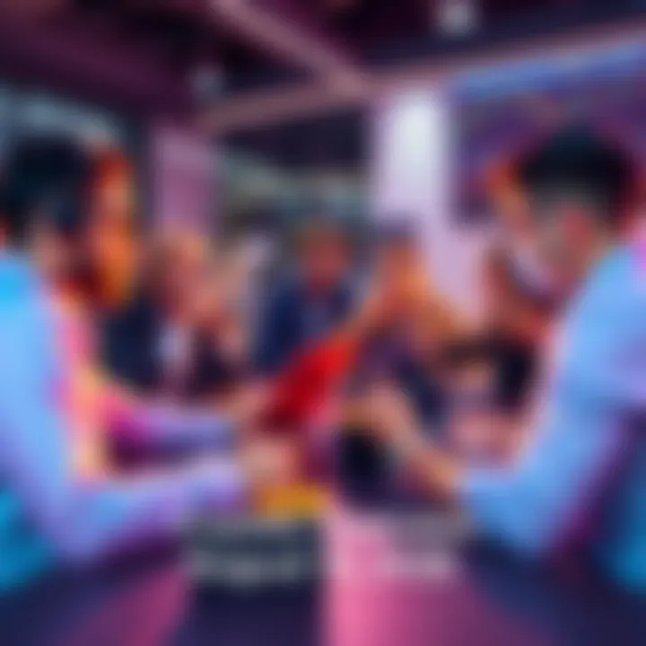 People engaging in a lively discussion about cryptocurrency with laptops and charts in the background.