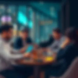 A group of people discussing cryptocurrency trends at a café with laptops and mobile devices