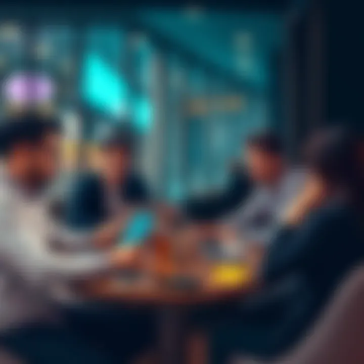 A group of people discussing cryptocurrency trends at a café with laptops and mobile devices