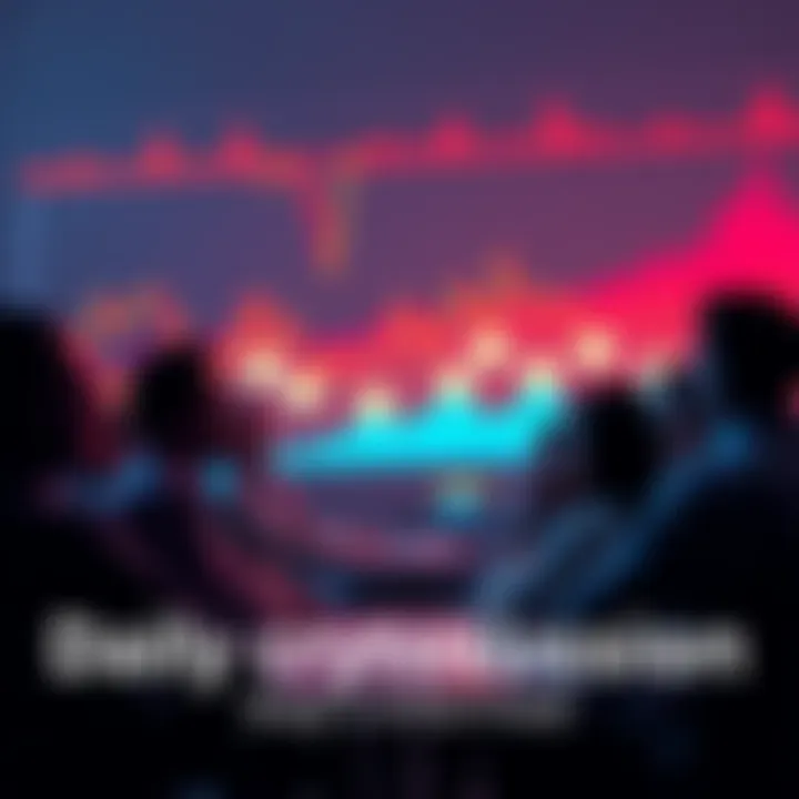 A group of people discussing cryptocurrency trends with charts and graphs in the background, focusing on safety tips and scam awareness.