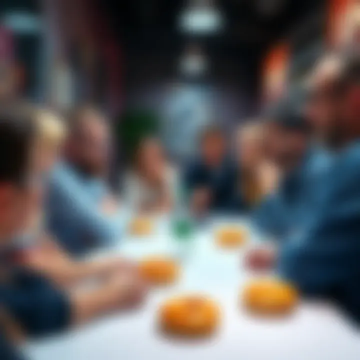 People gathered around a table enjoying donuts while discussing cryptocurrency challenges.