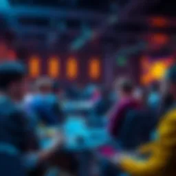 People discussing cryptocurrency trends in a forum setting with laptops and notepads