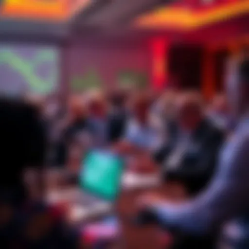 Crypto Discussion Event Participants engaging in a lively discussion about cryptocurrency, with laptops and charts visible, emphasizing a focus on caution against scams.