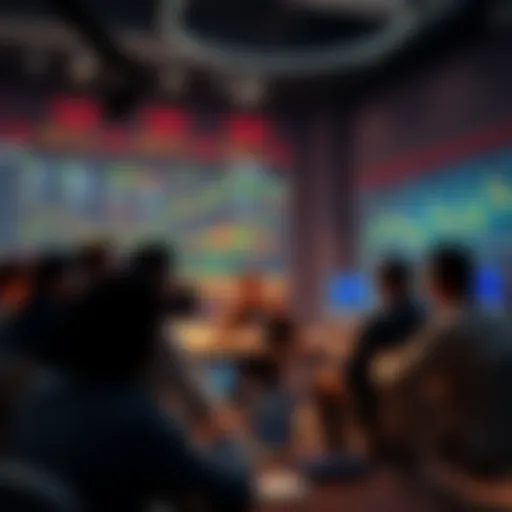 A group of traders engaging in a discussion about cryptocurrency, sharing insights and tips, with charts and graphs in the background.