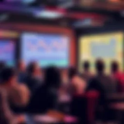 Crypto Discussion Forum A group of people engaging in a lively discussion about cryptocurrency, with charts and graphs displayed on a screen in the background.