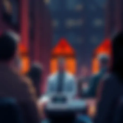 A group of people talking about cryptocurrency investments with caution signs in the background