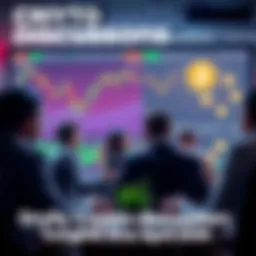 Crypto Discussion Forum A group of people engaged in a lively discussion about cryptocurrency trading on an online forum, with charts and digital currency icons in the background.