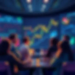 A group of people discussing cryptocurrency trends in a forum setting, with graphs and charts in the background