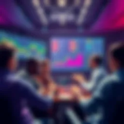 A group of people engaged in a lively discussion about cryptocurrency in a forum setting, with charts and screens displaying market trends in the background.