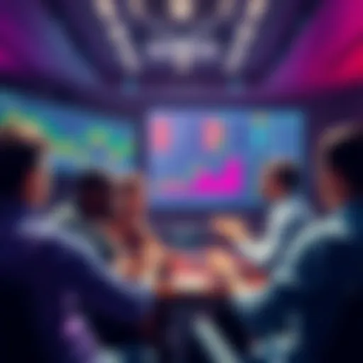 A group of people engaged in a lively discussion about cryptocurrency in a forum setting, with charts and screens displaying market trends in the background.