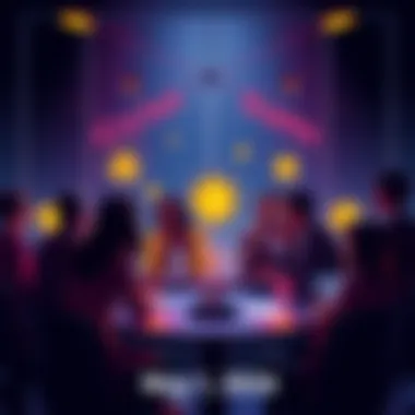 A group of people discussing cryptocurrency trends and sharing tips with cautionary symbols to represent scams.