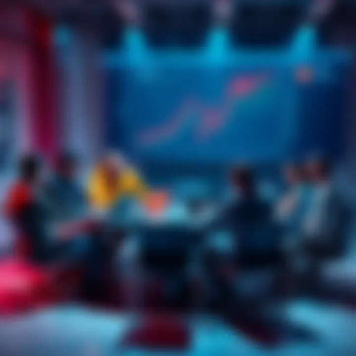 A group of people discussing cryptocurrency trends at a round table, with laptops and charts visible.