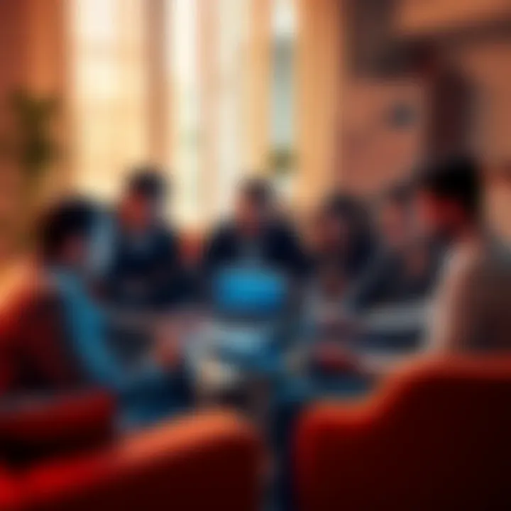 Crypto Discussion Group A group of people discussing cryptocurrency topics with laptops and charts in a cozy setting