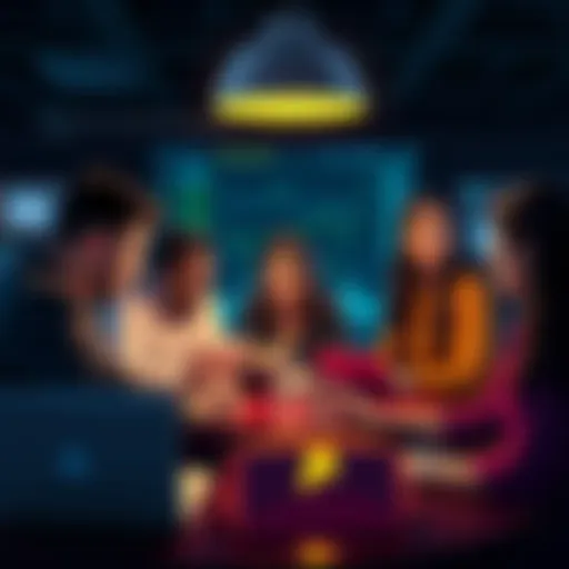 A diverse group of people discussing cryptocurrency with laptops and charts in a casual setting.