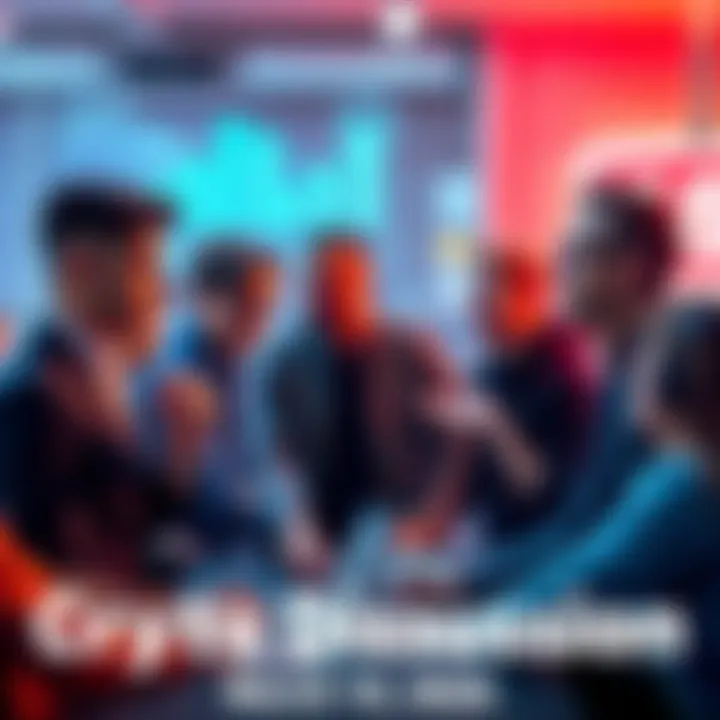 A diverse group of people engaging in a discussion about cryptocurrency, sharing ideas, and warning each other about trading scams.