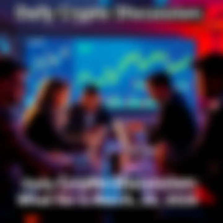 Crypto Discussion Group A group of people engaging in a discussion about cryptocurrency, with laptops and charts displaying crypto trends.