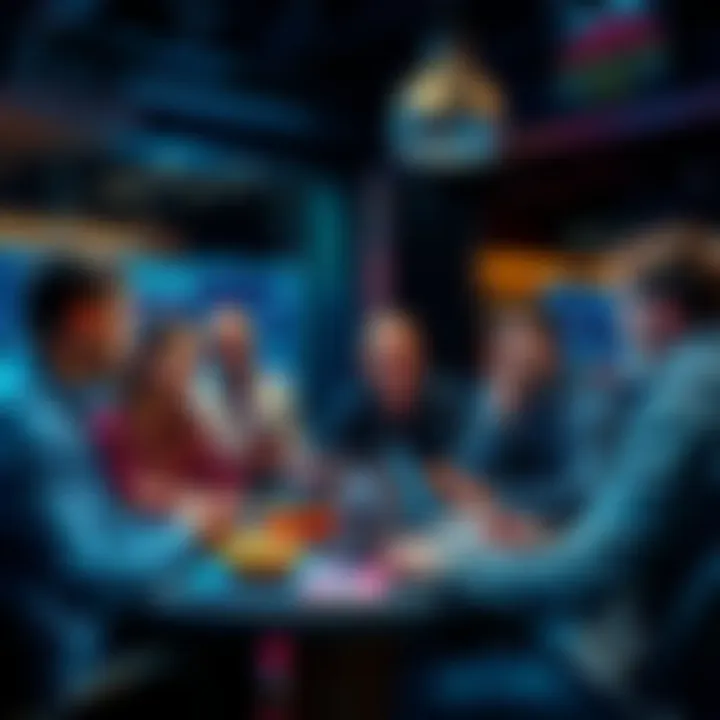 A group of people engaged in a lively discussion about cryptocurrency, sharing tips and warnings about scams, with laptops and phones showing crypto charts.