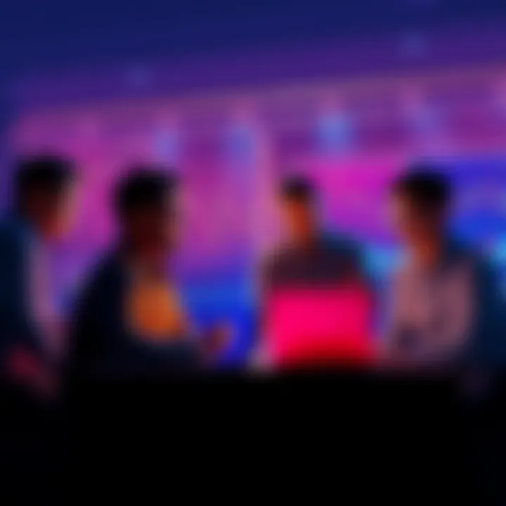 A group of people discussing cryptocurrency with charts and laptops