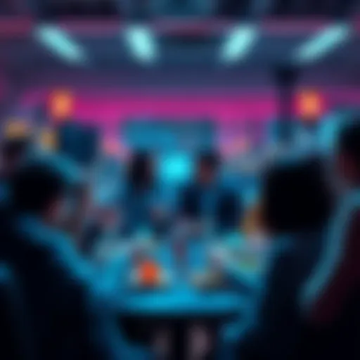 A group of people discussing cryptocurrency trends and warnings in a lively setting.