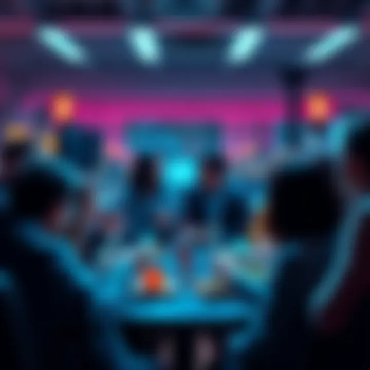 A group of people discussing cryptocurrency trends and warnings in a lively setting.