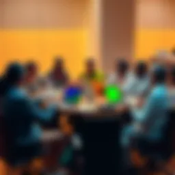 Crypto Discussion Group A diverse group of people discussing cryptocurrency and DeFi trends at a round table with laptops and notes.